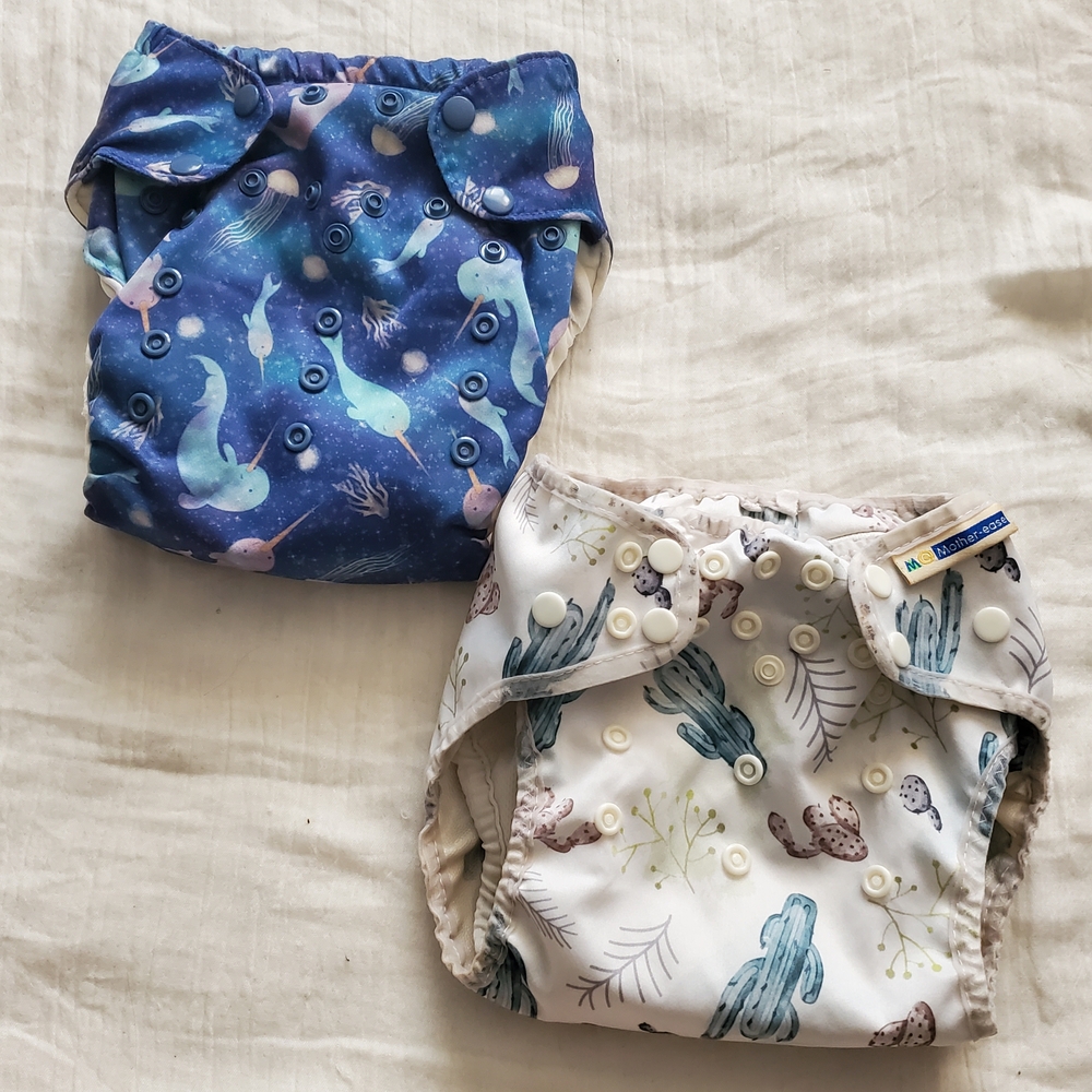 Lot of 2 Cloth Diapers Blue Ocean and White Cactus Mother Ease and Smart Bottoms